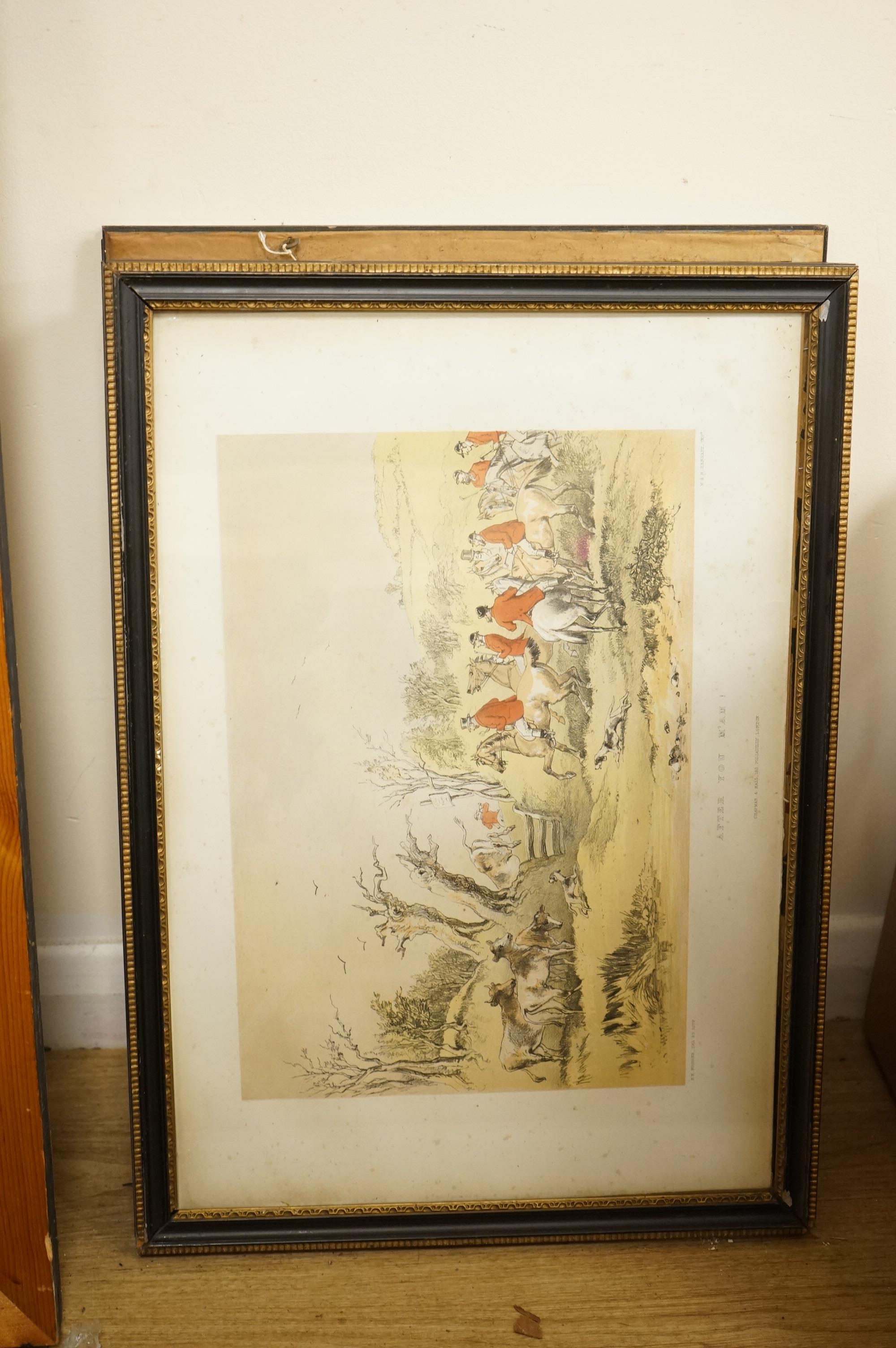 After Hablot Knight Browne (1815-1882), Hunting scenes to include 'Something like a finish', 'Founded' and 'Look before you leap', set of six colour lithographs, each 34 x 50cm